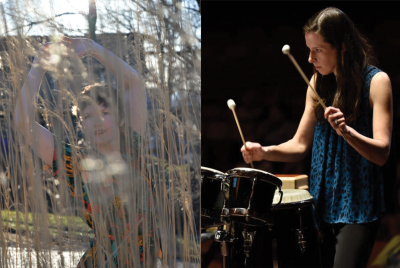 Dancer Rachel Rugh stands with arms overhead, in front of a pond and behind tall grasses; percussionist Annie Stevens stands behind drums with mallets raised in each hand