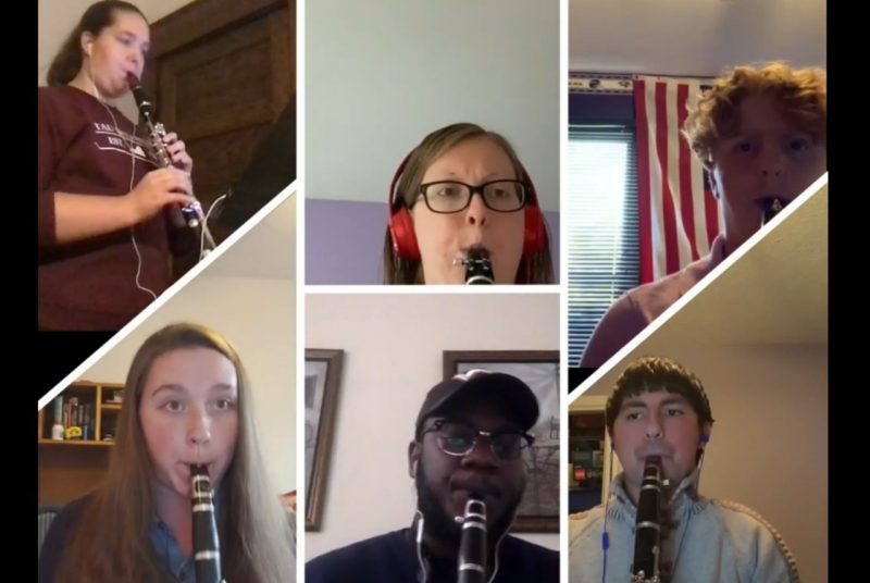 Images of six music students, all playing clarinet in their own spaces.