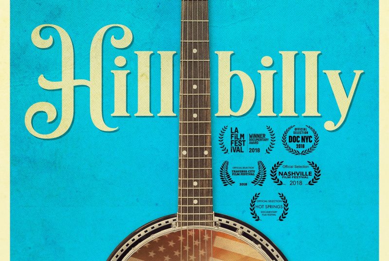 the neck of a banjo, with the word 'hillbilly'