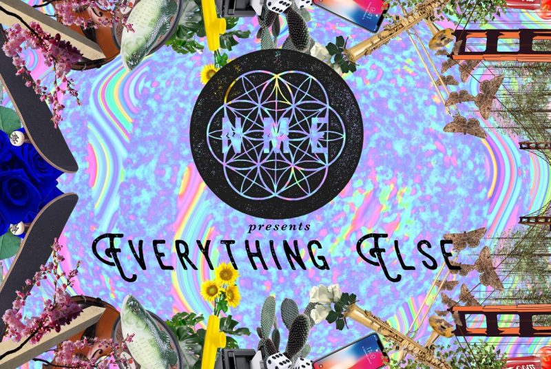 An abstract multicolored background with a round logo that has NME in the center, and the words 'Everything Else' below it.