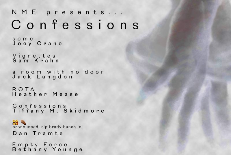 A grey colored poster with images of hands and the names of the musical pieces on the program, which is entitled 'Confessions.'