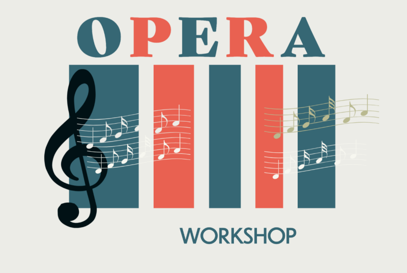 graphic with words 'opera workshop' and a treble clef and music notes on a staff