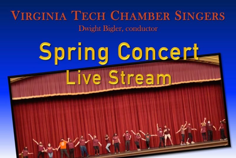 Picture of college students standing on a stage in front of a red curtain with their hands in various positions, with the words "Spring Concert Live Stream"