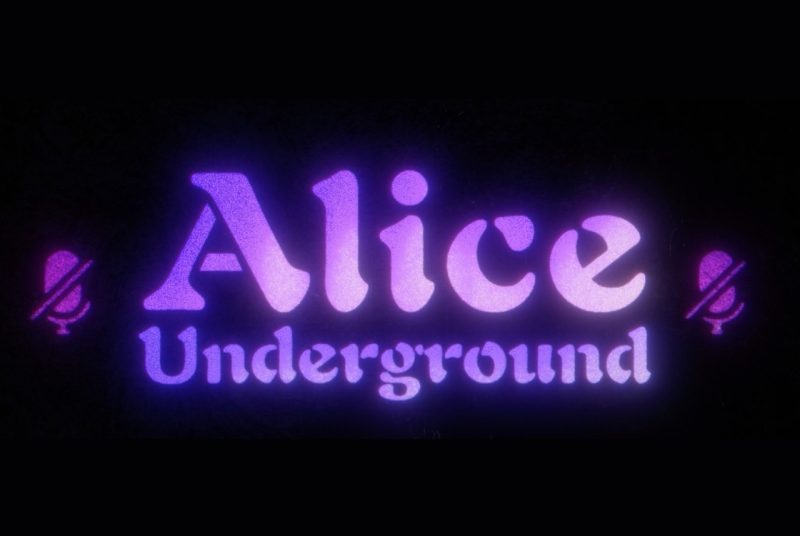 A black background with the words 'Alice Underground' in purple,.