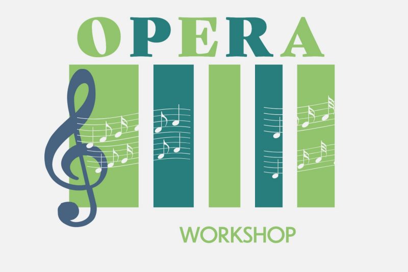 Green image of treble clef, music notes, and Opera Workshop text