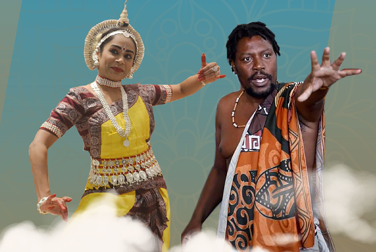 A woman dancer wearing traditional Indian classical dance costume in red and gold with a gold headpiece, and a man wearing a traditional African brown and orange cloth over his shoulder, with an outstretched hand.