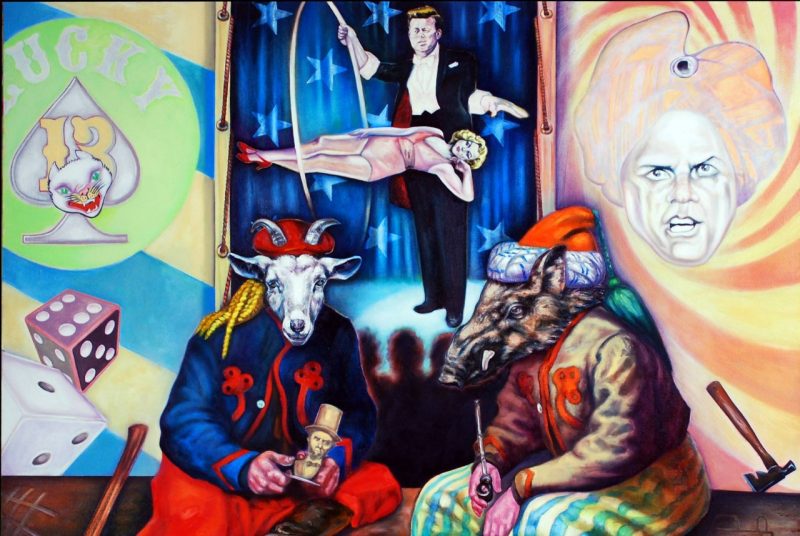 A painting by Bill Rutherfoord of a two human bodies, one with a goat's head and the other with a boar's head, with a magician in the background, and images of dice, hatchet, spade, the number 13, and a seer's head in a turban surrounding the figures.